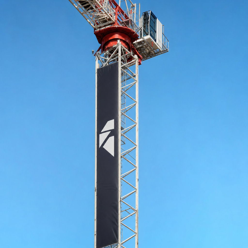 Vertical advertising banner wrapped down a tower crane mast