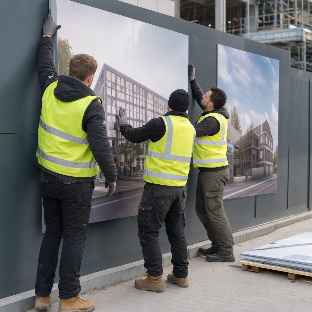 Crew installing site signage