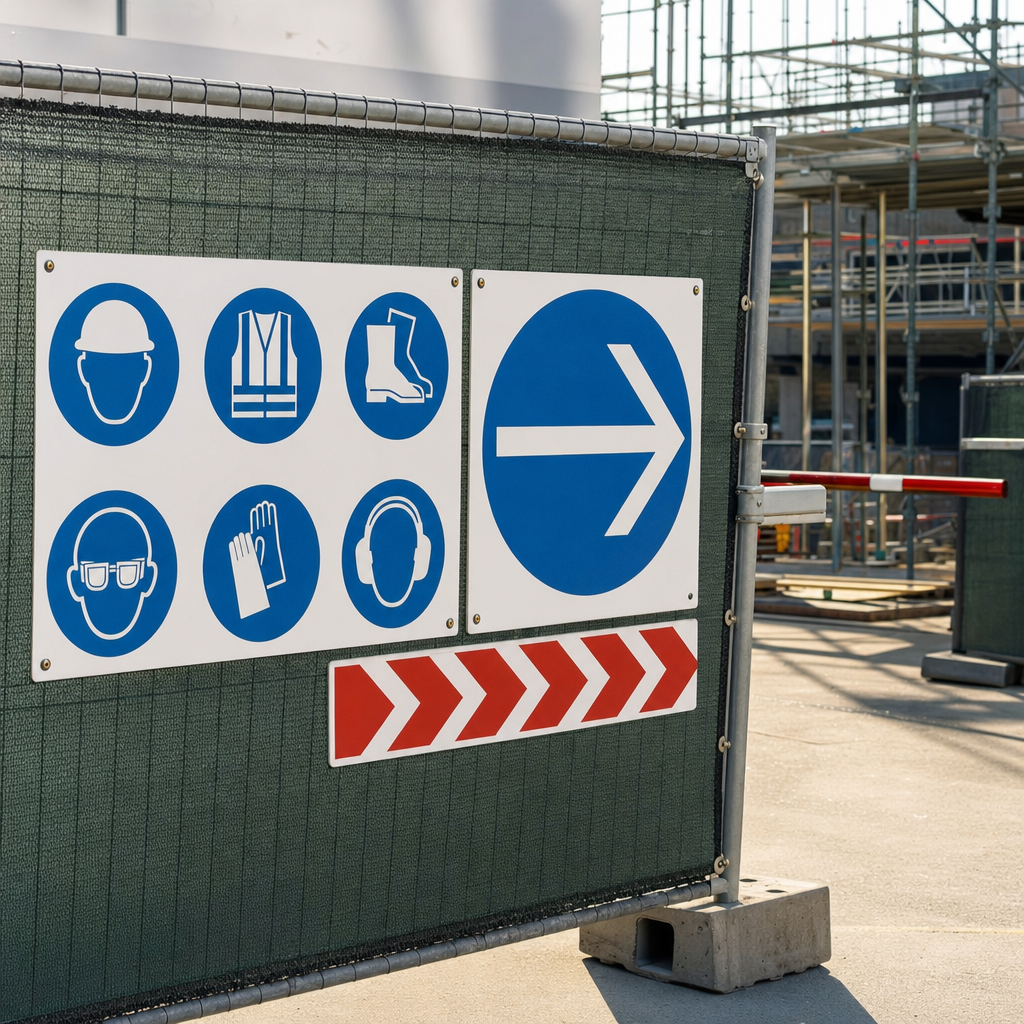 Construction safety signage on a fence