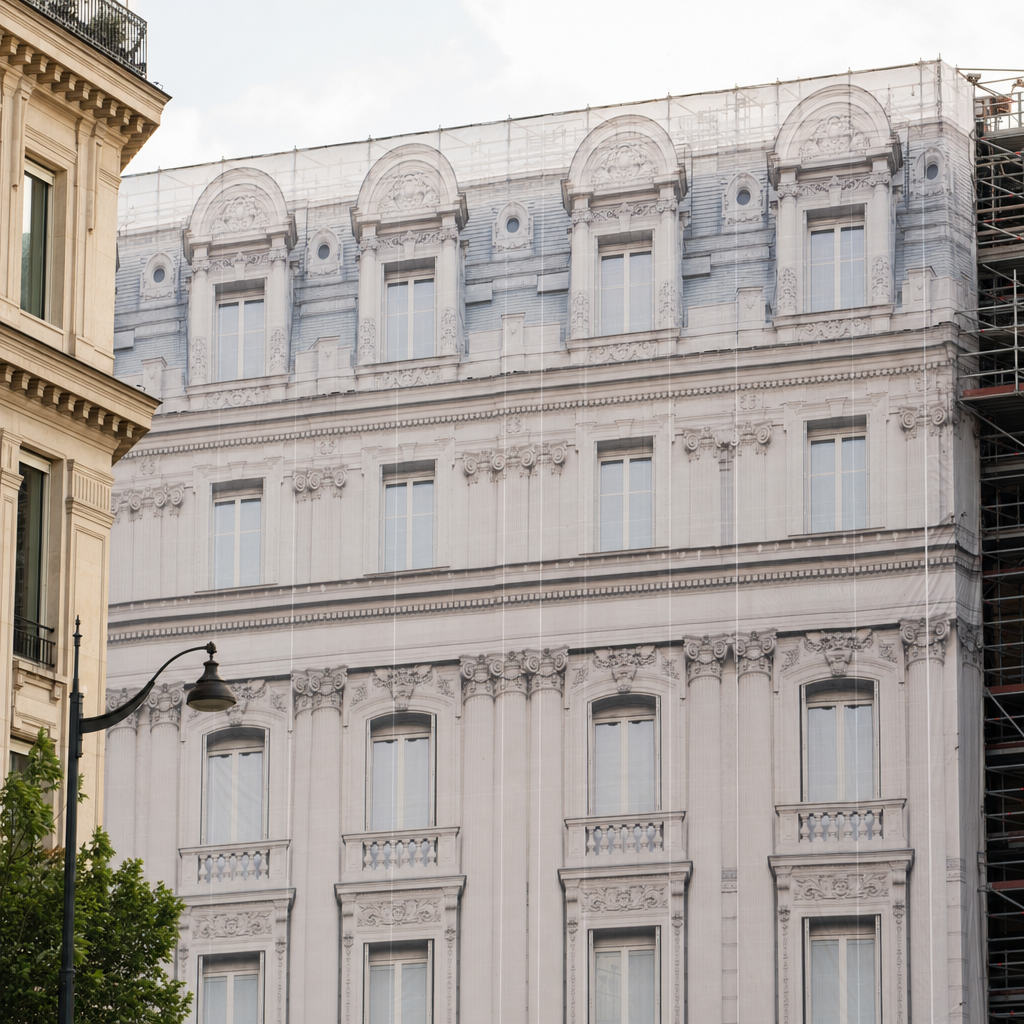 Printed mesh wrap on scaffolding